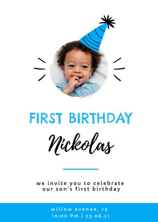 First Birthday of Little Boy Celebration Announcement Invitation Modelo de Design