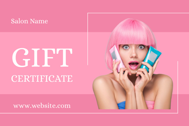 Beauty Salon Ad with Woman with Bright Hairstyle Gift Certificate Design Template