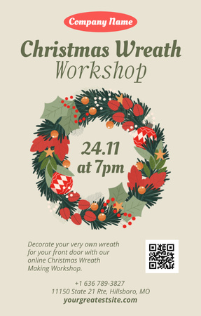 Christmas Wreath Illustrarion with Workshop Invitation 4.6x7.2in Design Template