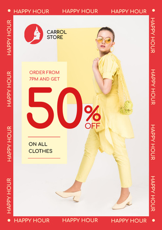 Clothes Shop Happy Hour Offer Woman in Yellow Outfit Flyer A5 Design Template