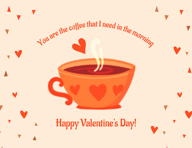 Happy Valentine's Day Greeting with Cup of Coffee and Hearts Thank You Card 5.5x4in Horizontal Design Template