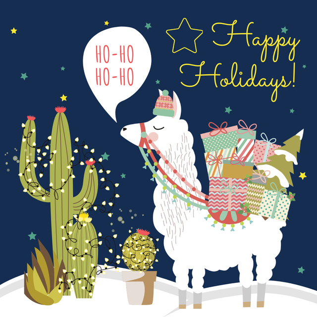 Happy Holidays Greeting with Lama holding Gifts Instagram Design Template