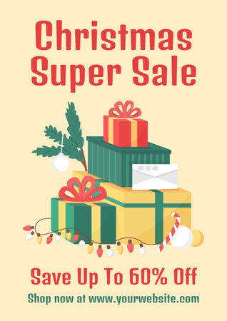 Christmas Presents Super Sale Retro Illustrated Poster Design Template