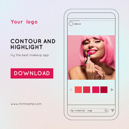 Designvorlage Ankündigung einer neuen mobilen App mit einer Frau, die Lippenstift aufträgt für Instagram