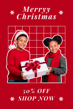 Christmas Sale Announcement with Cheerful Children Holding Gift Pinterest Design Template