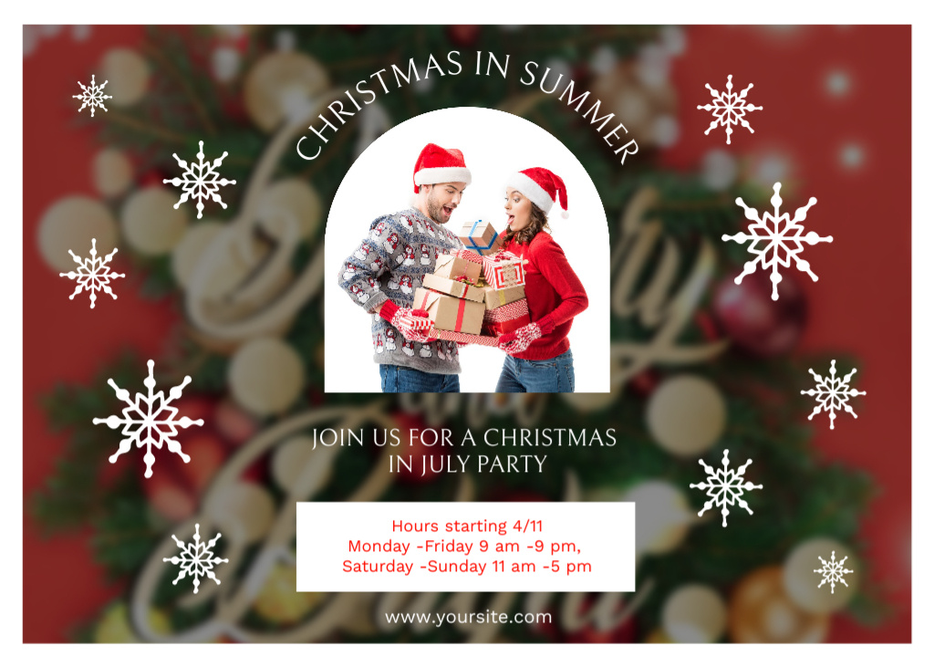 Szablon projektu Presents And Christmas In July Party Announcement Postcard 5x7in
