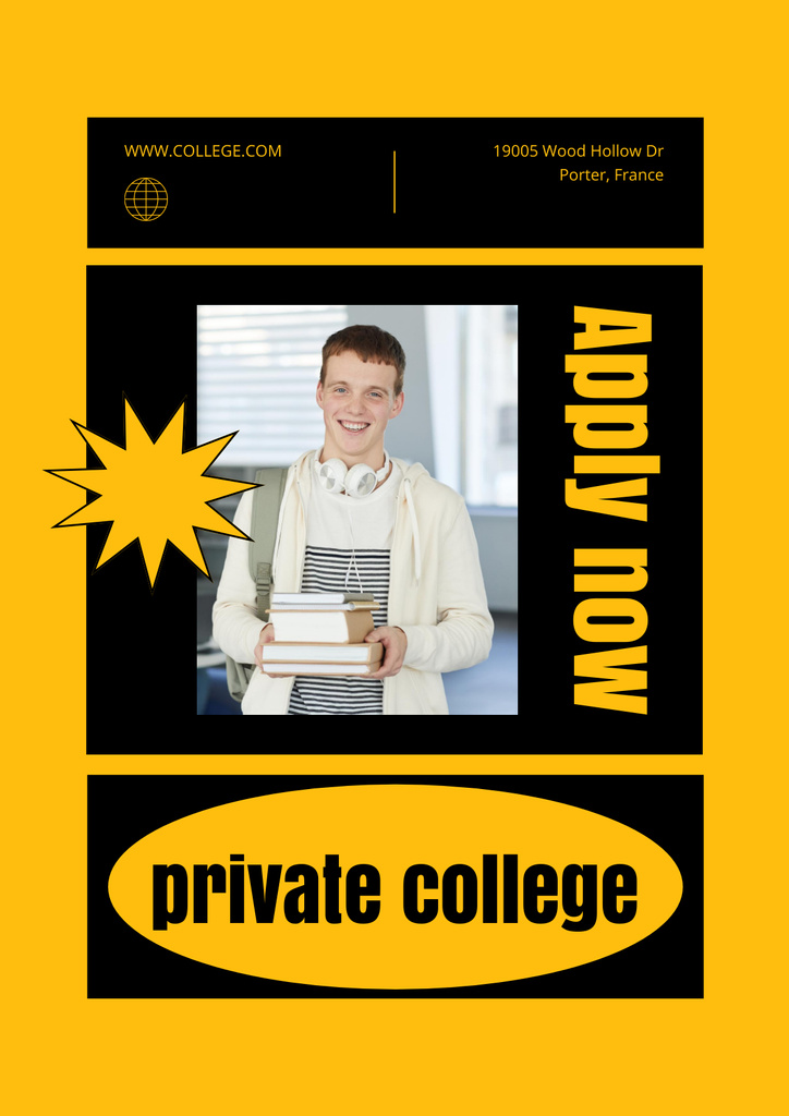 Private College Apply Announcement In Yellow Poster Design Template