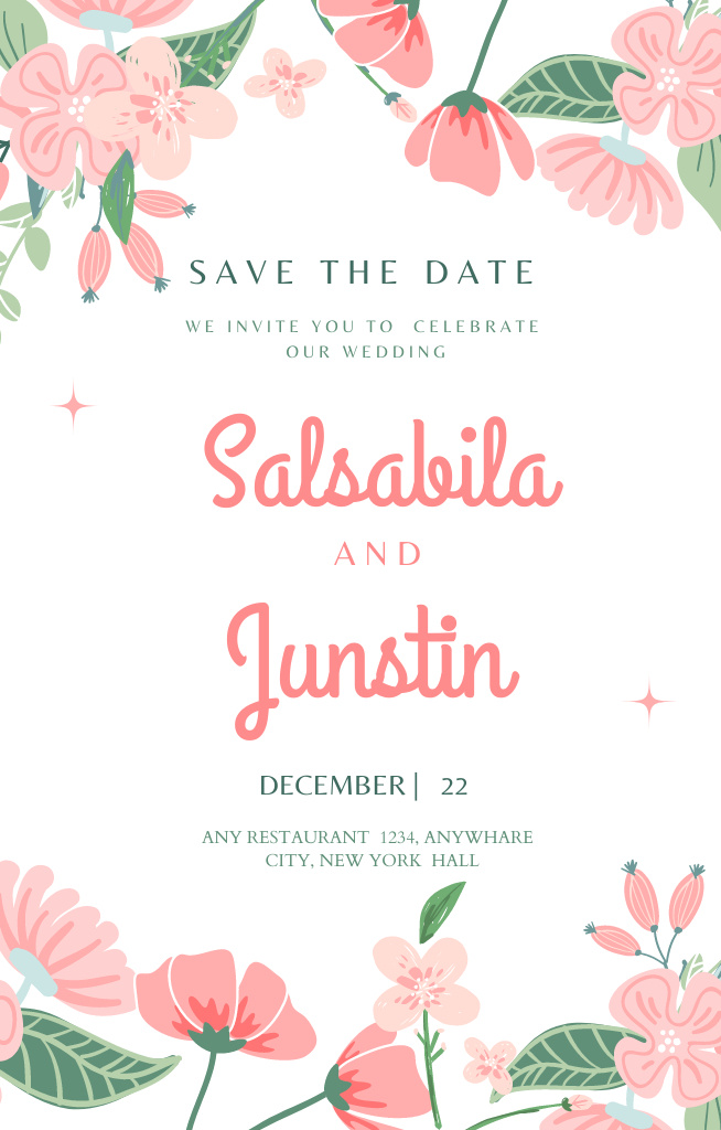 Wedding Celebration Announcement on Pink Floral Background Invitation 4.6x7.2in Design Template