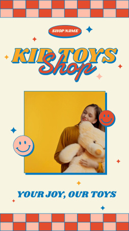 Kid Toys Shop with Cheerful Teenage Girl Instagram Video Story Design Template