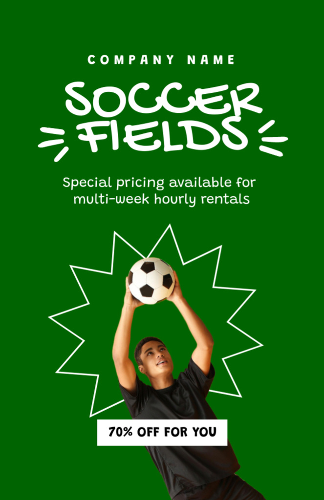 Plantilla de diseño de Soccer Fields Rental Offer with Player holding Ball Invitation 5.5x8.5in 