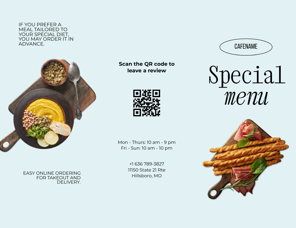 Special Menu Offer with Appetizing Dishes Menu 11x8.5in Tri-Fold tervezősablon