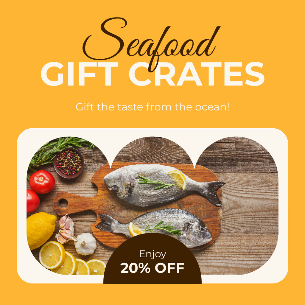 Offer of Discount with Fresh Fish on Wooden Board Instagramデザインテンプレート