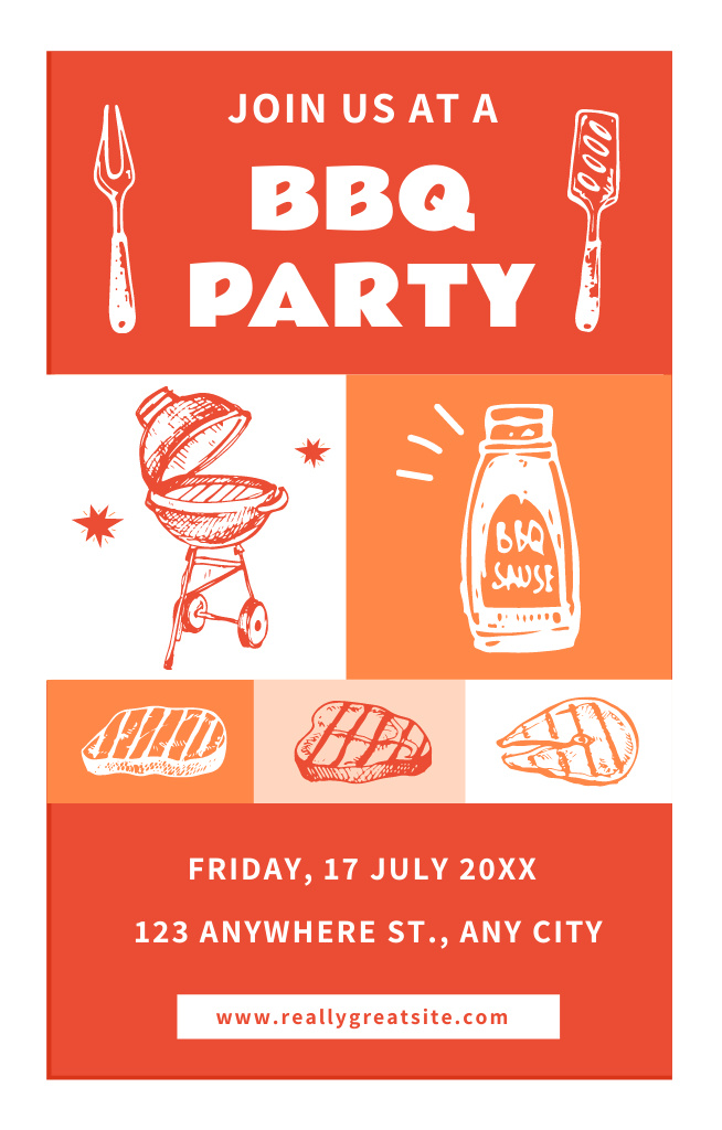 Designvorlage BBQ Food Party Ad with Sketches on Red für Invitation 4.6x7.2in
