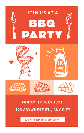 BBQ Food Party Ad with Sketches on Red Invitation 4.6x7.2in Design Template