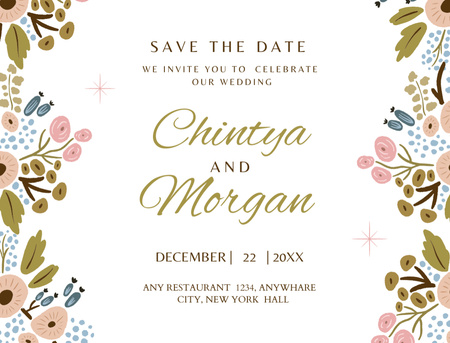 Wedding Invitation with Cartoon Flowers Postcard 4.2x5.5in Design Template