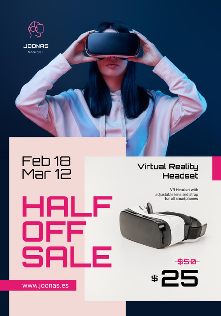 Platilla de diseño Gadgets Sale with Woman in VR Glasses in Blue Poster 28x40in