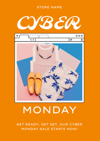 Modèle de visuel Offre de vente de tenues à la mode sur Cyber Monday In Orange - Flyer A6