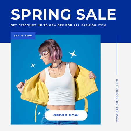 Designvorlage Frühlingsverkaufsmitteilung mit stilvoller junger Frau für Instagram AD