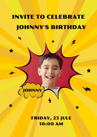 Birthday Party Announcement with Smiling Kid Invitation tervezősablon