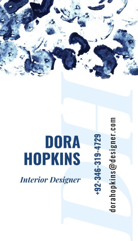 Interior Designer Contacts with Ink Blots in Blue Business Card US Vertical Modelo de Design
