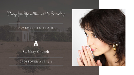 Plantilla de diseño de Invitación a la iglesia con mujer rezando Title 1680x945px 