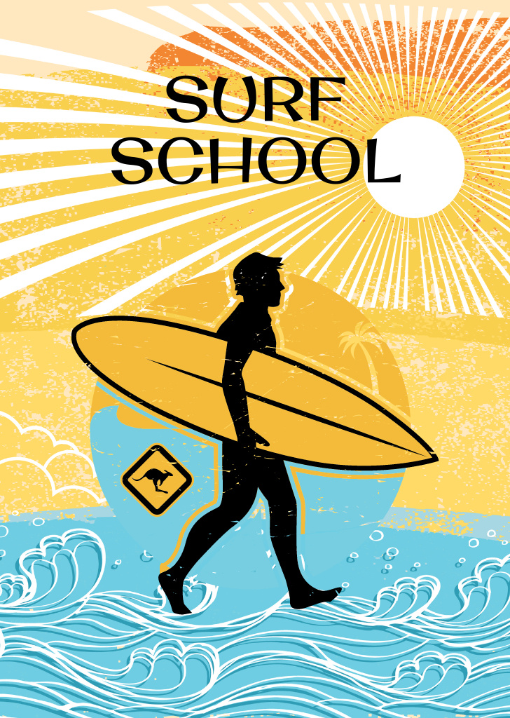 Surfing School Illustrated Postcard A6 Vertical Design Template