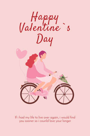 Ontwerpsjabloon van Postcard 4x6in Vertical van Happy Valentine's Day Greeting With Happy Couple On Bicycle