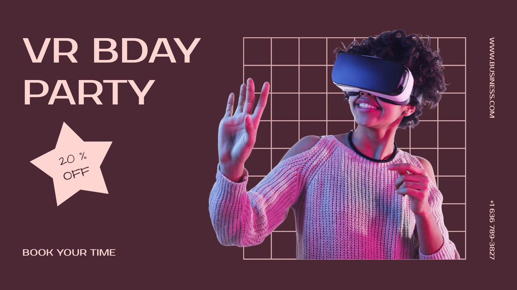 Woman in VR Glasses Invites to Birthday Party FB event coverデザインテンプレート