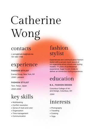 Modèle de visuel Fashion Stylist Skills and Experience with Bright Spots - Resume