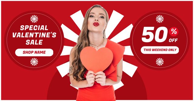 Valentine's Day Special Sale with Woman in Red Dress Facebook AD Tasarım Şablonu