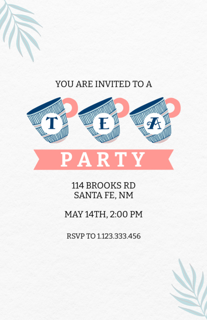 Announcement Of Tea Party With Painted Cups In Blue Invitation 5.5x8.5inデザインテンプレート