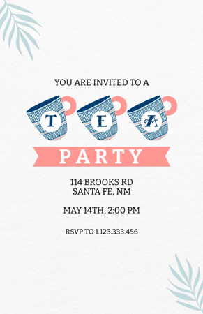 Announcement Of Tea Party With Painted Cups In Blue Invitation 5.5x8.5in Design Template