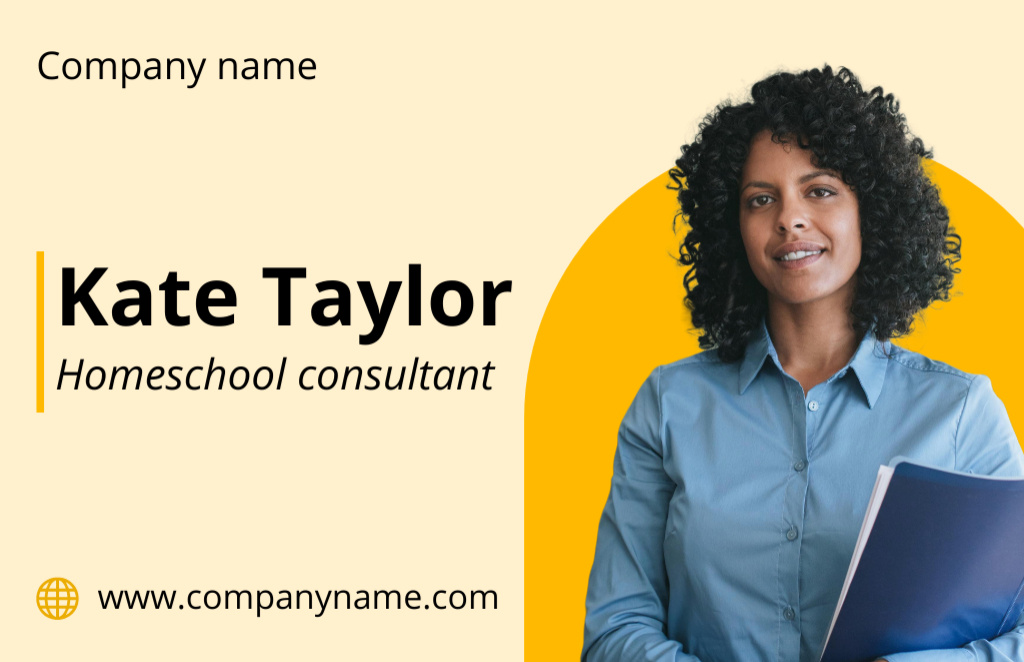 Platilla de diseño Homeschooling Consultant Service with Young Woman Business Card 85x55mm