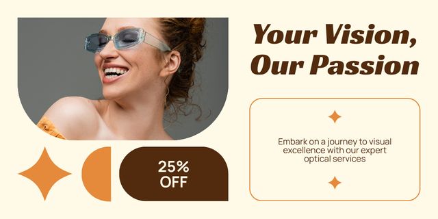 Ontwerpsjabloon van Twitter van Offer Discount on Sunglasses with Smiling Woman
