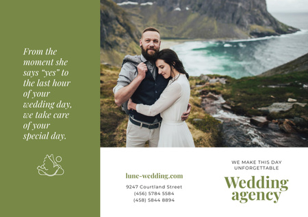 Wedding Agency Offer with Happy Newlyweds in Majestic Mountains Brochure Design Template