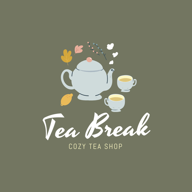 Template di design Charming Tea Shop Ad with Cups and Teapot Logo