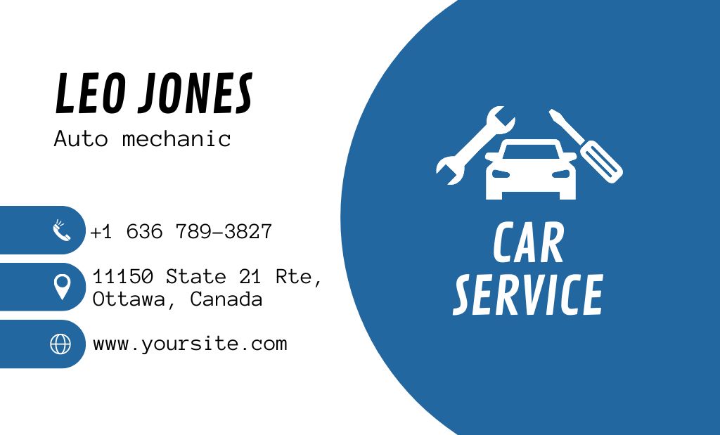 Auto Mechanic Service Ad with Worker on Blue Business Card 91x55mm – шаблон для дизайна