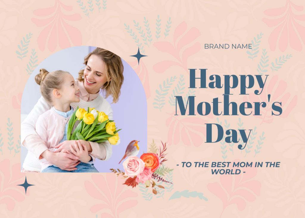 Mom and Daughter with Tulips Bouquet on Mother's Day Postcard 5x7in – шаблон для дизайну