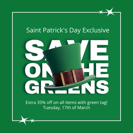 Ontwerpsjabloon van Instagram van St. Patrick's Day verkoopaankondiging met groene hoed in frame