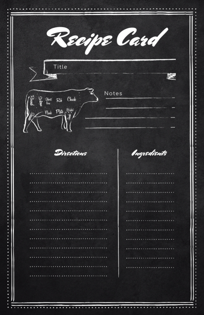 Cow Graphic illustration on Black Recipe Card tervezősablon