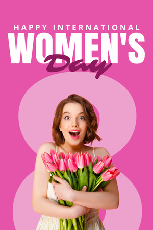 Happy Woman with Flowers on International Women's Day Pinterest Design Template