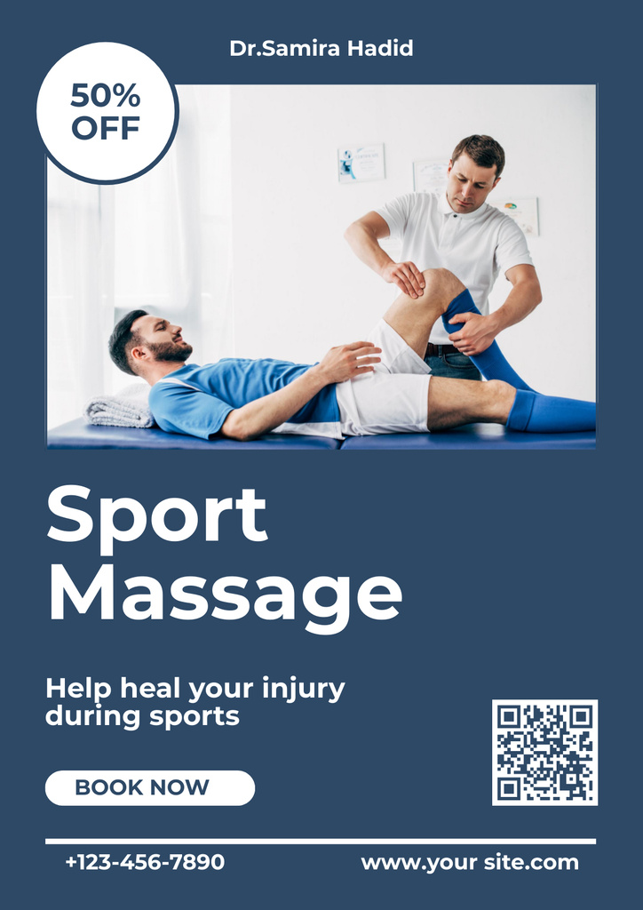 Sports Massage and Rehabilitation Course Ad on Blue Posterデザインテンプレート