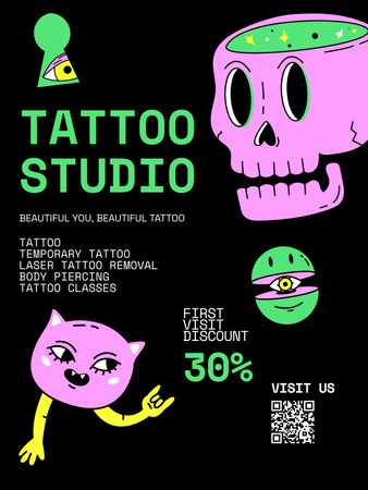 Several Styles Of Tattoos And Piercing In Studio With Discount Poster US Design Template