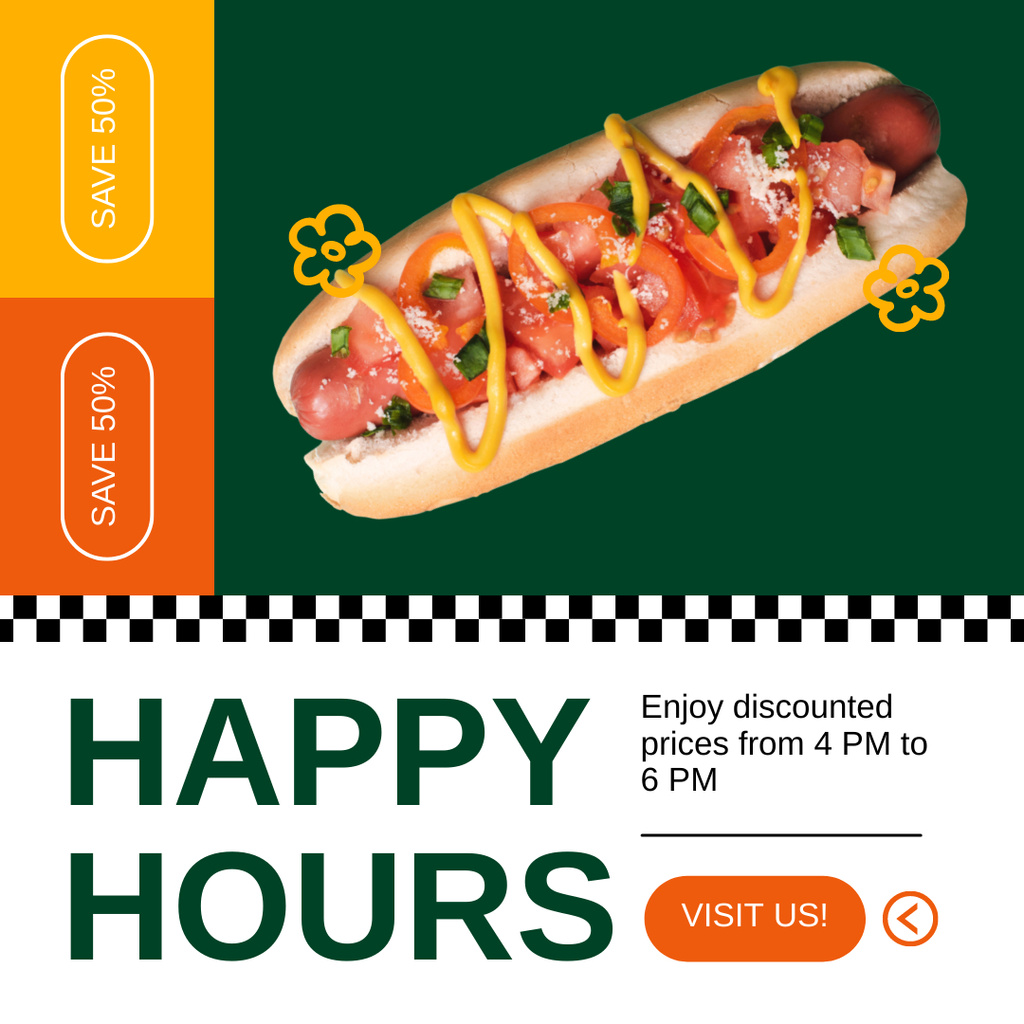 Fast Casual Restaurant Visit Offer with Happy Hours Ad Instagramデザインテンプレート