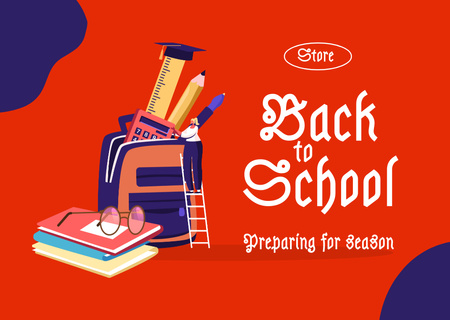 Back to School And Preparing For Season With Illustration In Red Postcard Design Template
