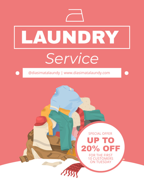 Offer Discounts on Laundry Service with Pile of Clothes Poster USデザインテンプレート
