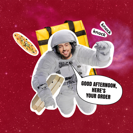 Funny Astronaut Delivery Man with Pizza Instagram tervezősablon