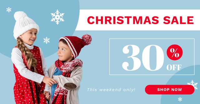 Boy and Girl on Christmas Sale for Kids Blue Facebook AD Tasarım Şablonu
