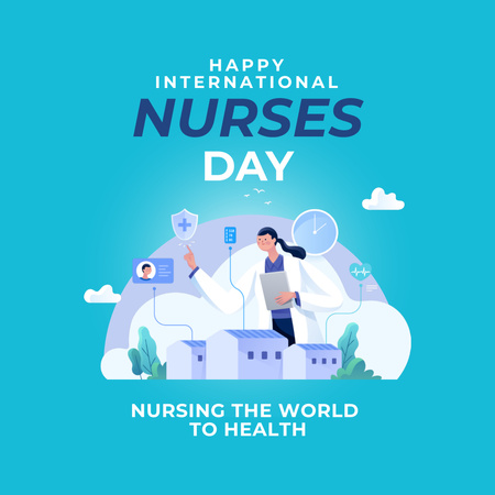 Plantilla de diseño de Saludo del día de las enfermeras Dibujos animados azules ilustrados Instagram 
