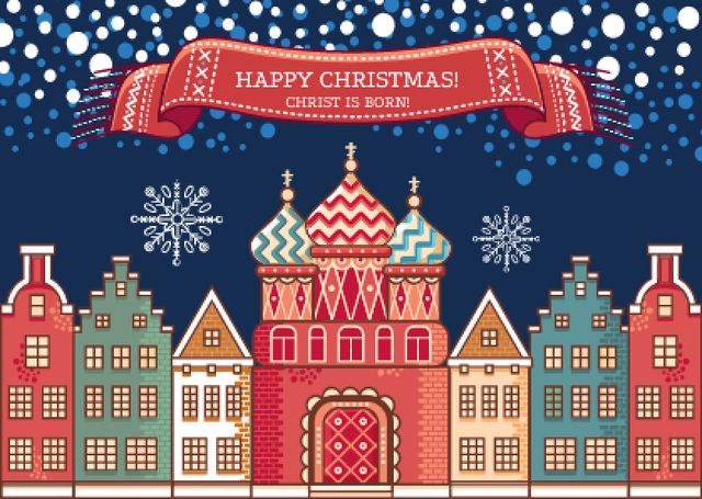 Happy Christmas Greeting with Snowy Night Town Postcard Design Template